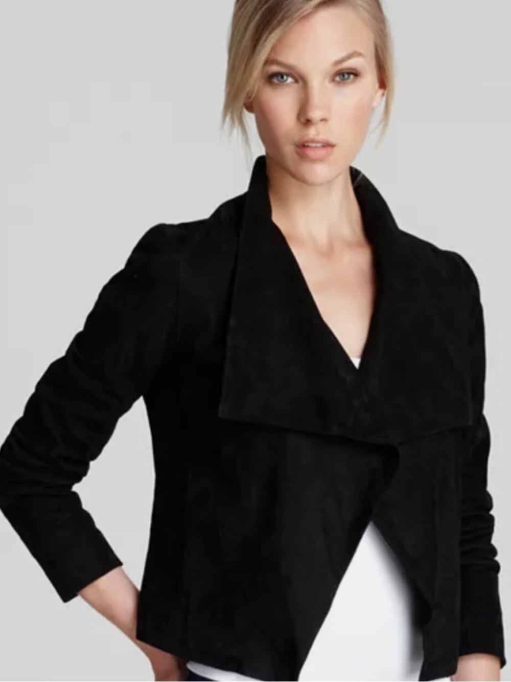 Theory “kanya L Galatia” Black Lamb Suede Drape Front Jacket. Size 2